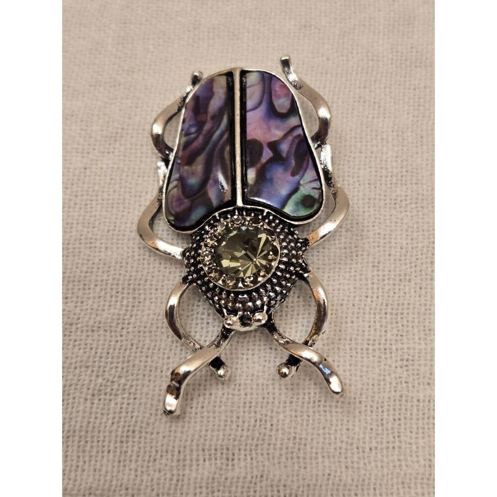 Scarab Beetle Crystal Abalone Shell Eqyptian Revival Brooch Silver Tone